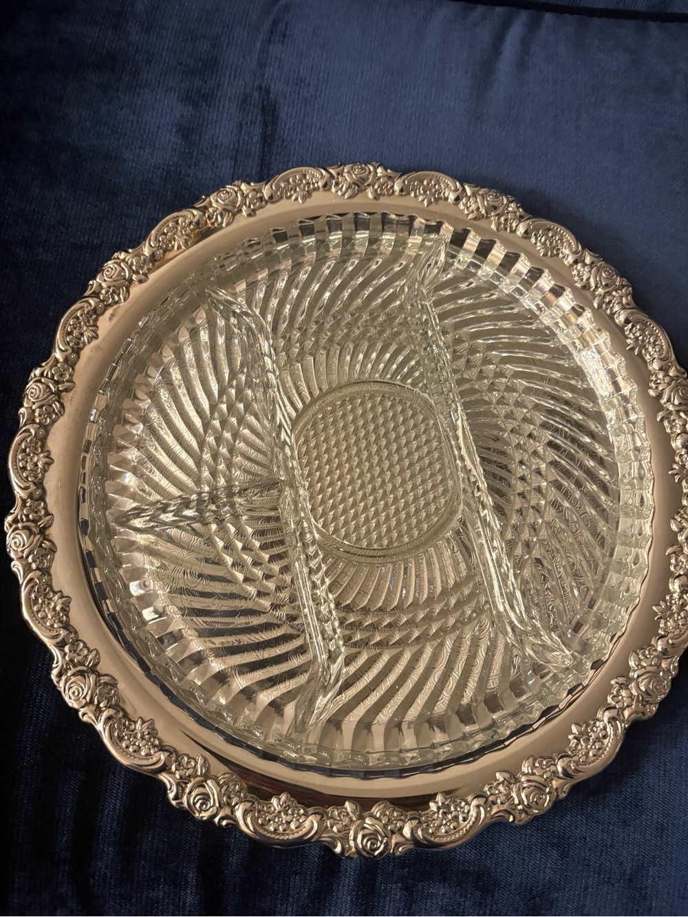 Elegant Clear Glass Divided Serving Tray with Silver-Tone Floral Rim